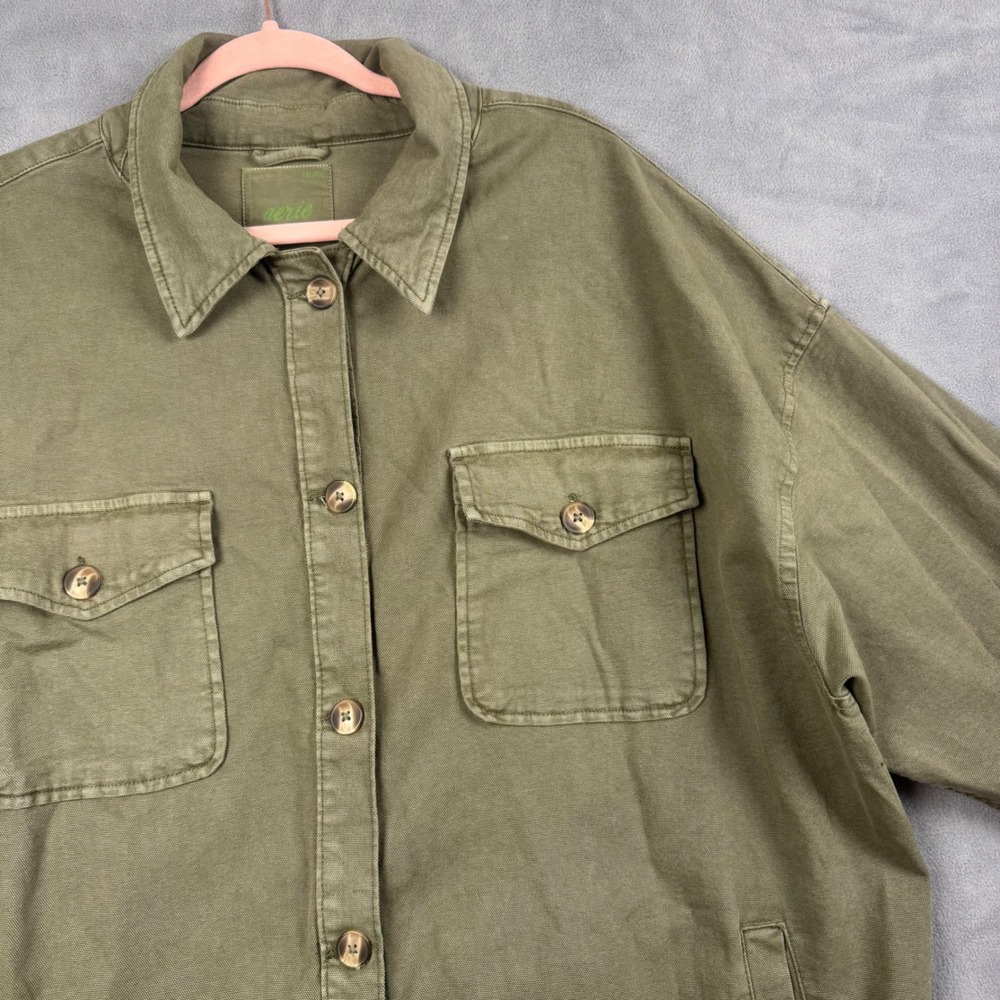 Aerie Oversized Olive Green Canvas Button Down Shirt Jacket Shacket‎ XXL/TG